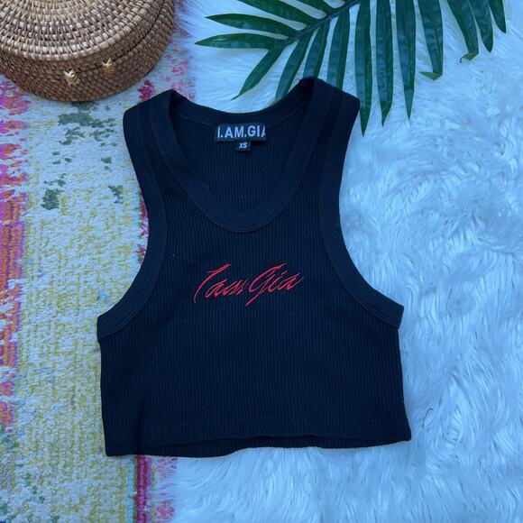 I AM GIA Black Red Embroidered Logo Ribbed Cropped Crop Tank Top XS Scoop Neck - Picture 2 of 5